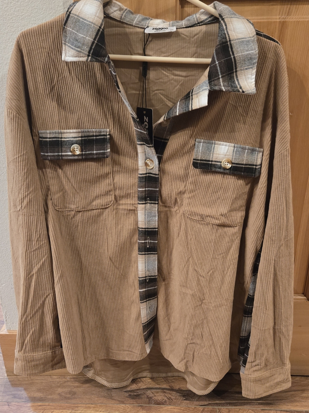 zeagoo Tan Corduroy Button-Down with Black & Cream Plaid Trim